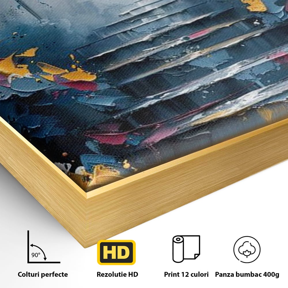 Detaliu al suprafetei: tablou canvas cu fluture multicolor si scari, in rama de aluminiu auriu